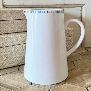Nordstrom At Home White Stoneware Pitcher, Colorful Rim, 7.25”